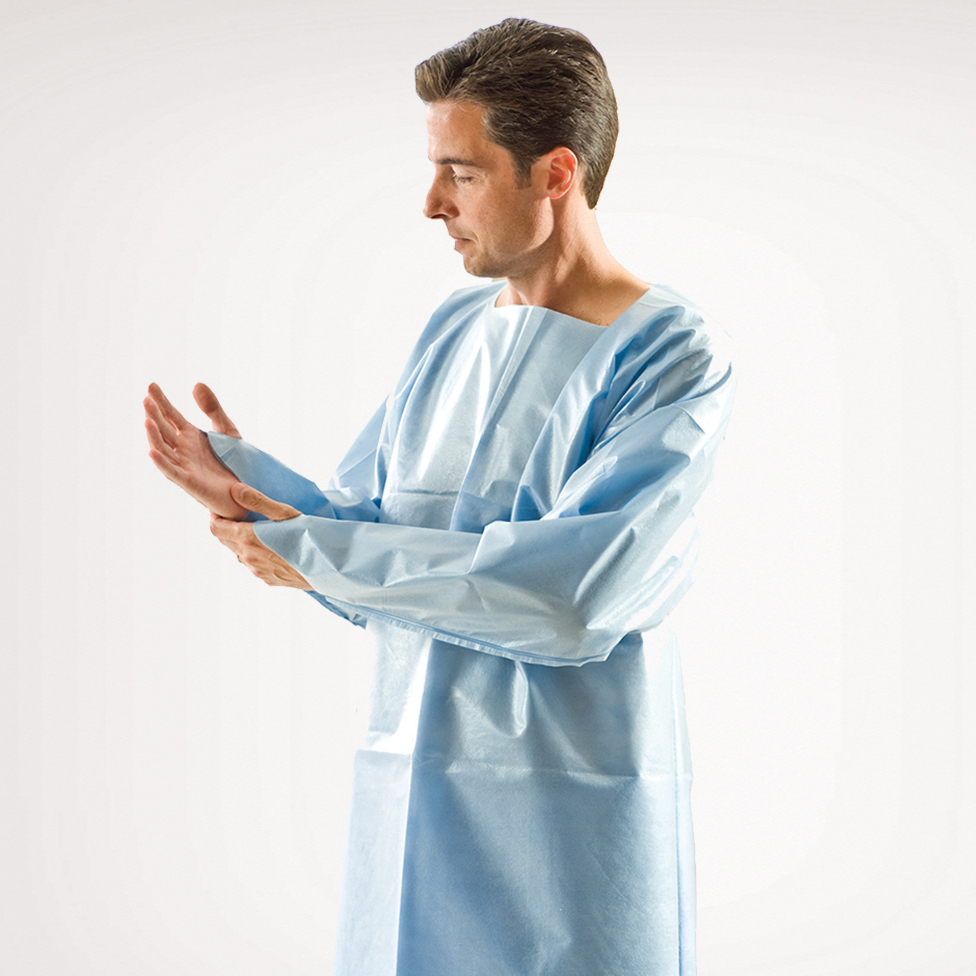 86795 Graham Medical® Blue Poly Over The Head Thumb Loop Protective Level 2 Gowns